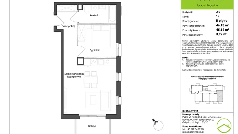 Rzut - Mieszkanie na sprzedaż 2 pokoje o powierzchni 45,14 m² - numer OP/A2/P2/14 w Osiedle Pogodne etap I
