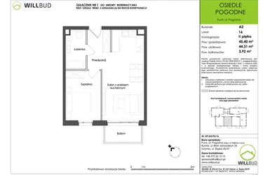 Rzut - Mieszkanie na sprzedaż 2 pokoje o powierzchni 44,31 m² - numer OP/A2/P2/16 w Osiedle Pogodne etap I