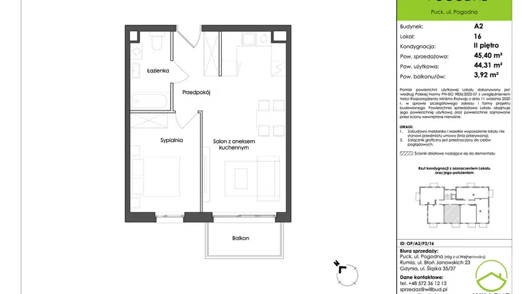 Rzut - Mieszkanie na sprzedaż 2 pokoje o powierzchni 44,31 m² - numer OP/A2/P2/16 w Osiedle Pogodne etap I