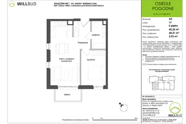 Rzut - Mieszkanie na sprzedaż 2 pokoje o powierzchni 44,31 m² - numer OP/A2/P2/17 w Osiedle Pogodne etap I