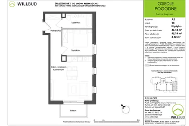 Rzut - Mieszkanie na sprzedaż 2 pokoje o powierzchni 45,14 m² - numer OP/A2/P3/20 w Osiedle Pogodne etap I