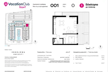 Rzut - Mieszkanie na sprzedaż 2 pokoje o powierzchni 47,2 m² - numer 001 w VacationClub Resort