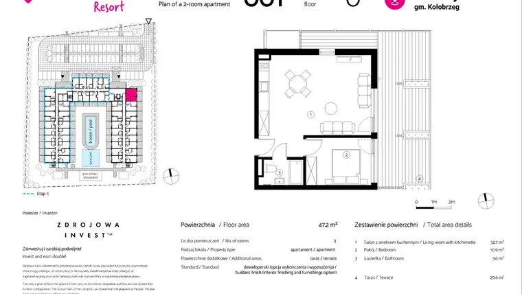 Rzut - Mieszkanie na sprzedaż 2 pokoje o powierzchni 47,2 m² - numer 001 w VacationClub Resort