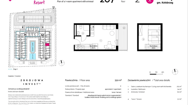 Rzut - Mieszkanie na sprzedaż 1 pokój o powierzchni 33,9 m² - numer 207 w VacationClub Resort