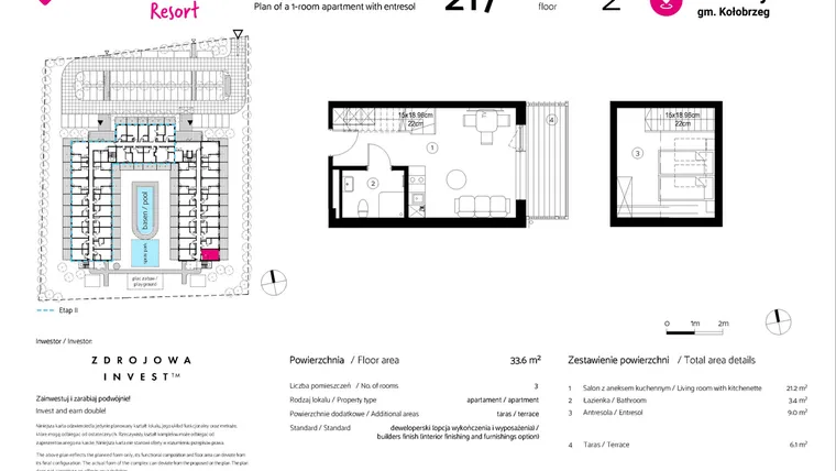 Rzut - Mieszkanie na sprzedaż 1 pokój o powierzchni 33,6 m² - numer 217 w VacationClub Resort