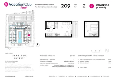 Rzut - Mieszkanie na sprzedaż 1 pokój o powierzchni 32,9 m² - numer 209 w VacationClub Resort