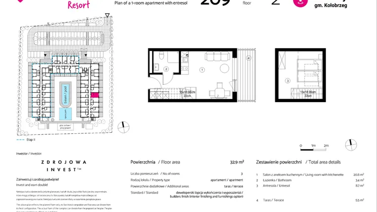 Rzut - Mieszkanie na sprzedaż 1 pokój o powierzchni 32,9 m² - numer 209 w VacationClub Resort