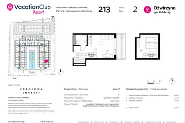 Rzut - Mieszkanie na sprzedaż 1 pokój o powierzchni 34 m² - numer 213 w VacationClub Resort