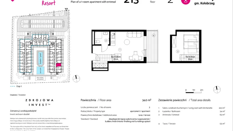 Rzut - Mieszkanie na sprzedaż 1 pokój o powierzchni 34 m² - numer 213 w VacationClub Resort