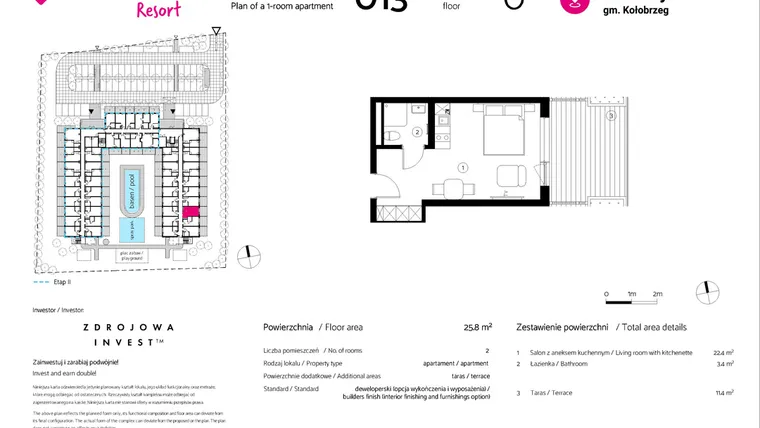 Rzut - Mieszkanie na sprzedaż 1 pokój o powierzchni 25,8 m² - numer 013 w VacationClub Resort