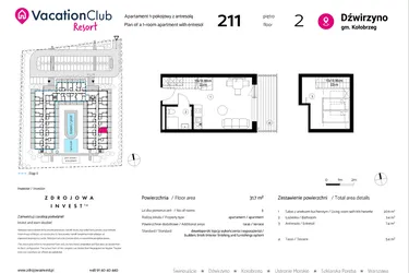 Rzut - Mieszkanie na sprzedaż 1 pokój o powierzchni 31,7 m² - numer 211 w VacationClub Resort