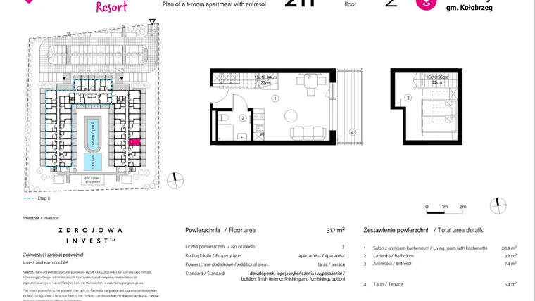 Rzut - Mieszkanie na sprzedaż 1 pokój o powierzchni 31,7 m² - numer 211 w VacationClub Resort