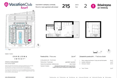 Rzut - Mieszkanie na sprzedaż 1 pokój o powierzchni 31,3 m² - numer 215 w VacationClub Resort