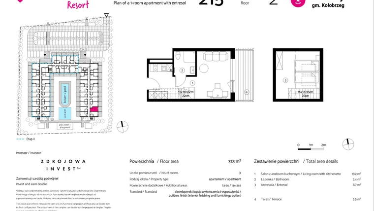 Rzut - Mieszkanie na sprzedaż 1 pokój o powierzchni 31,3 m² - numer 215 w VacationClub Resort
