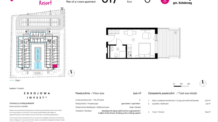 Rzut - Mieszkanie na sprzedaż 1 pokój o powierzchni 24,6 m² - numer 017 w VacationClub Resort