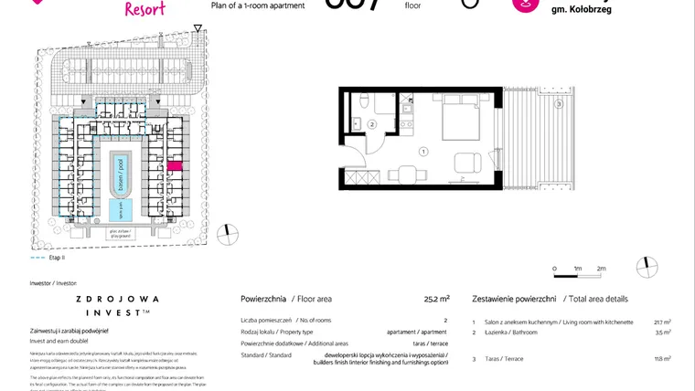 Rzut - Mieszkanie na sprzedaż 1 pokój o powierzchni 25,2 m² - numer 007 w VacationClub Resort