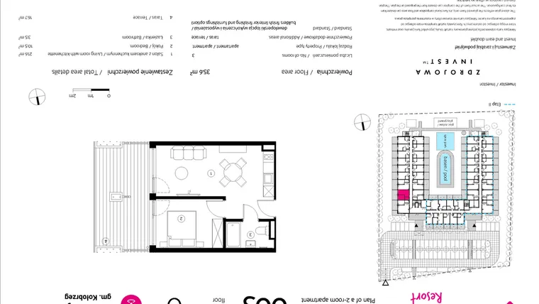 Rzut - Mieszkanie na sprzedaż 2 pokoje o powierzchni 35,6 m² - numer 003 w VacationClub Resort