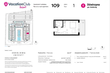 Rzut - Mieszkanie na sprzedaż 1 pokój o powierzchni 24,3 m² - numer 109 w VacationClub Resort