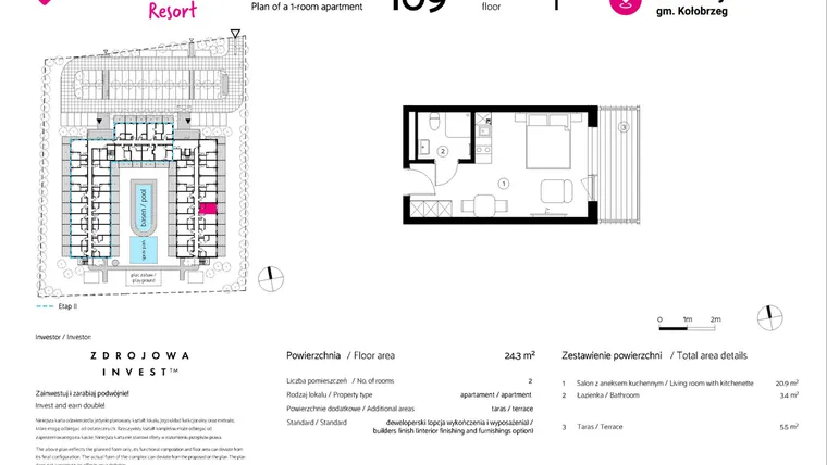 Rzut - Mieszkanie na sprzedaż 1 pokój o powierzchni 24,3 m² - numer 109 w VacationClub Resort