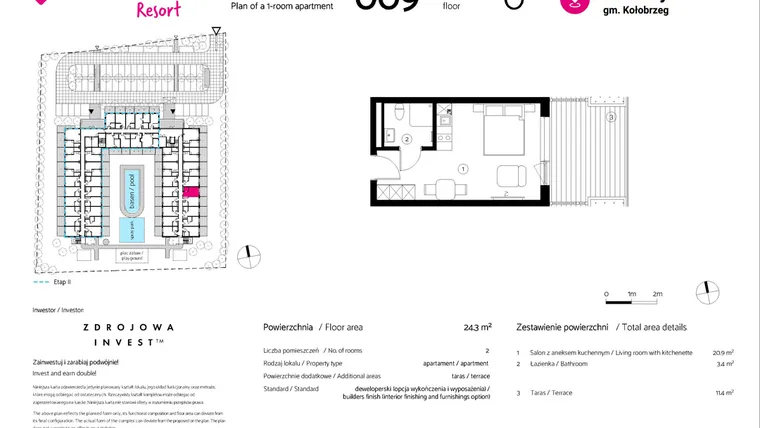 Rzut - Mieszkanie na sprzedaż 1 pokój o powierzchni 24,3 m² - numer 009 w VacationClub Resort
