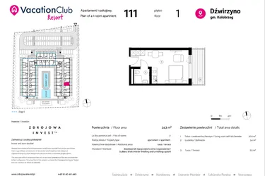 Rzut - Mieszkanie na sprzedaż 1 pokój o powierzchni 24,3 m² - numer 111 w VacationClub Resort
