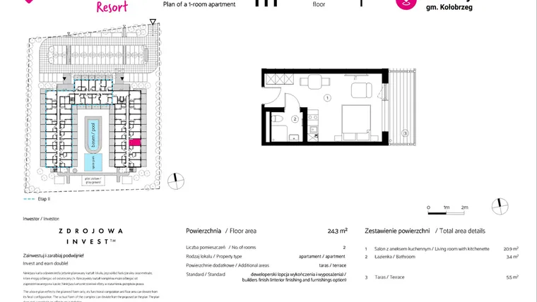 Rzut - Mieszkanie na sprzedaż 1 pokój o powierzchni 24,3 m² - numer 111 w VacationClub Resort
