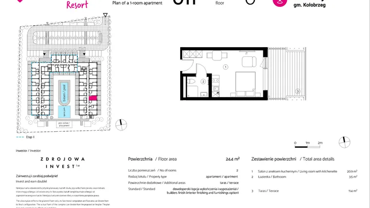 Rzut - Mieszkanie na sprzedaż 1 pokój o powierzchni 24,4 m² - numer 011 w VacationClub Resort