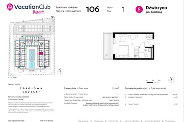 Rzut - Mieszkanie na sprzedaż 1 pokój o powierzchni 22,6 m² - numer 106 w VacationClub Resort