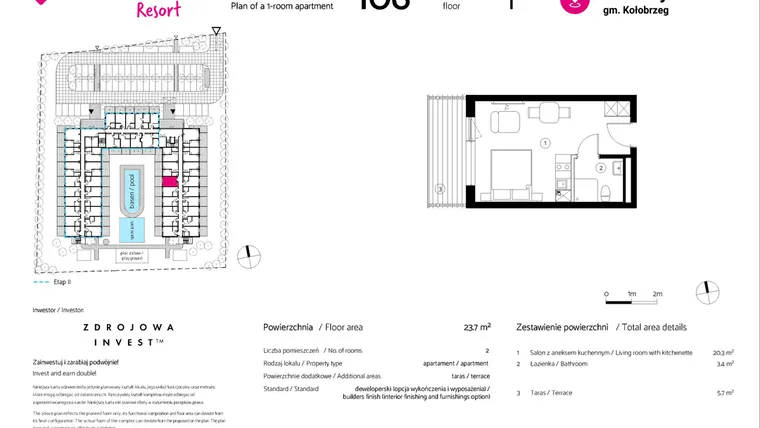 Rzut - Mieszkanie na sprzedaż 1 pokój o powierzchni 22,6 m² - numer 106 w VacationClub Resort