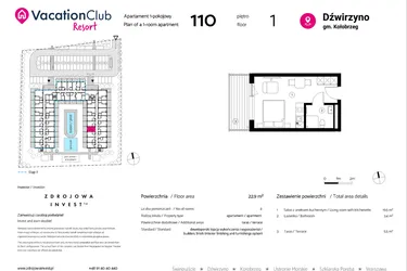 Rzut - Mieszkanie na sprzedaż 1 pokój o powierzchni 22,9 m² - numer 110 w VacationClub Resort