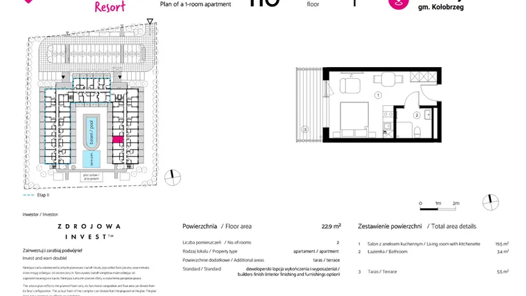 Rzut - Mieszkanie na sprzedaż 1 pokój o powierzchni 22,9 m² - numer 110 w VacationClub Resort