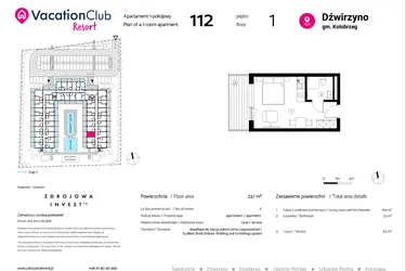 Rzut - Mieszkanie na sprzedaż 1 pokój o powierzchni 23,1 m² - numer 112 w VacationClub Resort