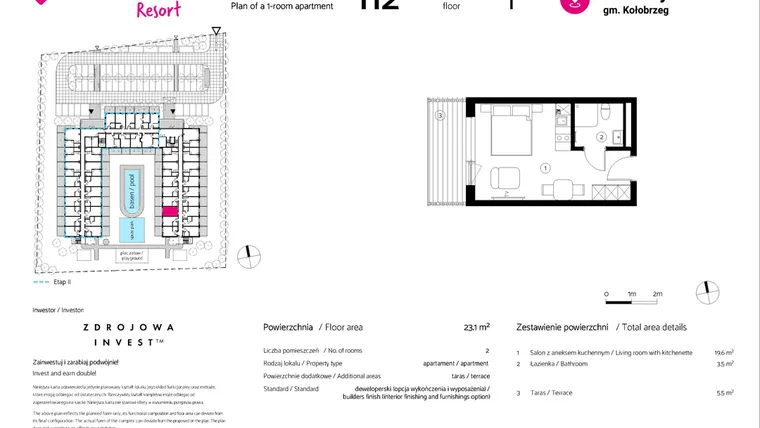 Rzut - Mieszkanie na sprzedaż 1 pokój o powierzchni 23,1 m² - numer 112 w VacationClub Resort