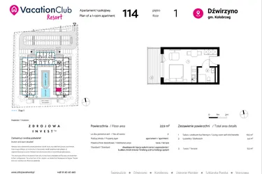 Rzut - Mieszkanie na sprzedaż 1 pokój o powierzchni 22,9 m² - numer 114 w VacationClub Resort