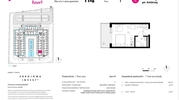 Rzut - Mieszkanie na sprzedaż 1 pokój o powierzchni 22,9 m² - numer 114 w VacationClub Resort