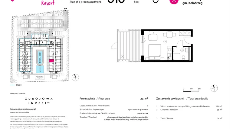 Rzut - Mieszkanie na sprzedaż 1 pokój o powierzchni 23,1 m² - numer 010 w VacationClub Resort