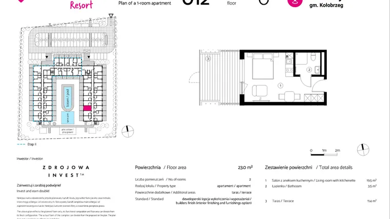 Rzut - Mieszkanie na sprzedaż 1 pokój o powierzchni 23 m² - numer 012 w VacationClub Resort
