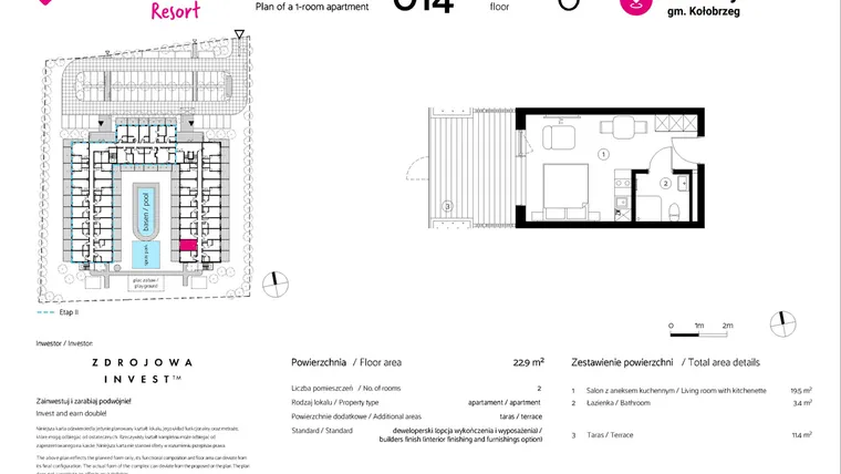 Rzut - Mieszkanie na sprzedaż 1 pokój o powierzchni 22,9 m² - numer 014 w VacationClub Resort