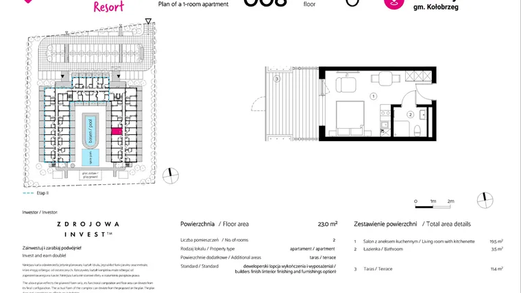 Rzut - Mieszkanie na sprzedaż 1 pokój o powierzchni 23 m² - numer 008 w VacationClub Resort