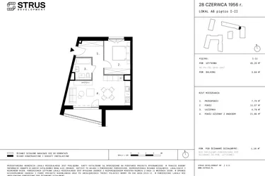 Rzut - Mieszkanie na sprzedaż 2 pokoje o powierzchni 45,25 m² - numer 39 w 28 czerwca 1956 r.