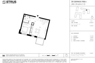 Rzut - Mieszkanie na sprzedaż 2 pokoje o powierzchni 43,71 m² - numer 40 w 28 czerwca 1956 r.