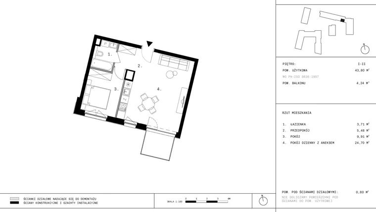 Rzut - Mieszkanie na sprzedaż 2 pokoje o powierzchni 43,71 m² - numer 40 w 28 czerwca 1956 r.