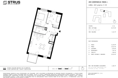 Rzut - Mieszkanie na sprzedaż 3 pokoje o powierzchni 62,33 m² - numer 48 w 28 czerwca 1956 r.