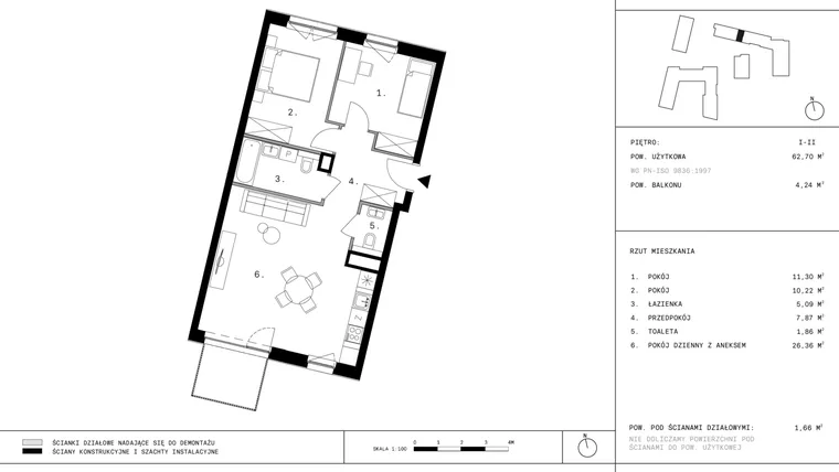 Rzut - Mieszkanie na sprzedaż 3 pokoje o powierzchni 62,33 m² - numer 48 w 28 czerwca 1956 r.