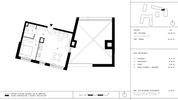 Rzut - Mieszkanie na sprzedaż 2 pokoje o powierzchni 43,78 m² - numer 42 w 28 czerwca 1956 r.