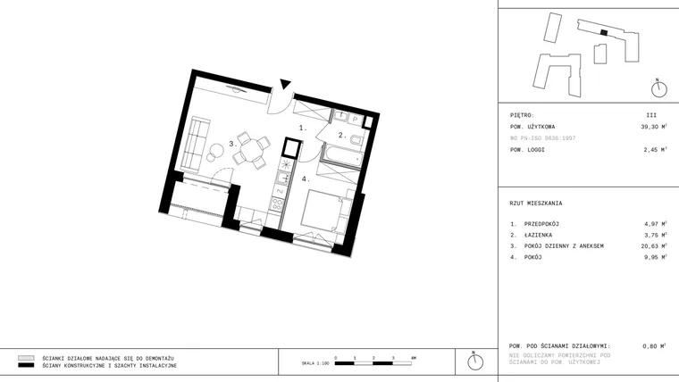 Rzut - Mieszkanie na sprzedaż 2 pokoje o powierzchni 39,24 m² - numer 53 w 28 czerwca 1956 r.