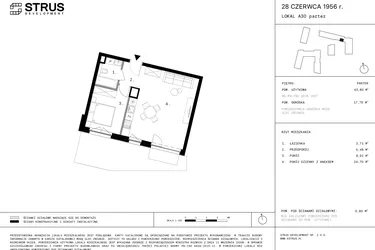 Rzut - Mieszkanie na sprzedaż 2 pokoje o powierzchni 43,74 m² - numer 34 w 28 czerwca 1956 r.