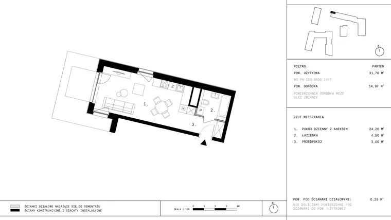Rzut - Mieszkanie na sprzedaż 1 pokój o powierzchni 31,59 m² - numer 58 w 28 czerwca 1956 r.