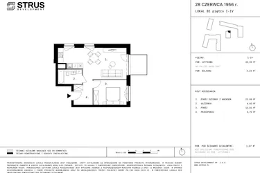 Rzut - Mieszkanie na sprzedaż 2 pokoje o powierzchni 44,84 m² - numer 73 w 28 czerwca 1956 r.