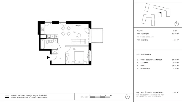Rzut - Mieszkanie na sprzedaż 2 pokoje o powierzchni 44,84 m² - numer 73 w 28 czerwca 1956 r.